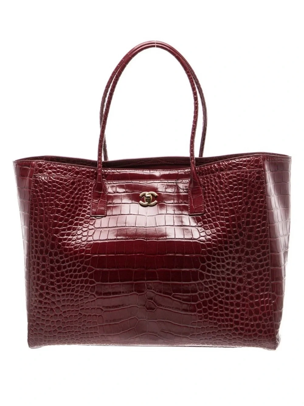 2026 CHANEL Burgundy Croc-Embossed Leather Tote with Gold Hardware